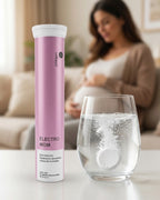 ELECTRO MOM junto a un vaso con tableta disuelta